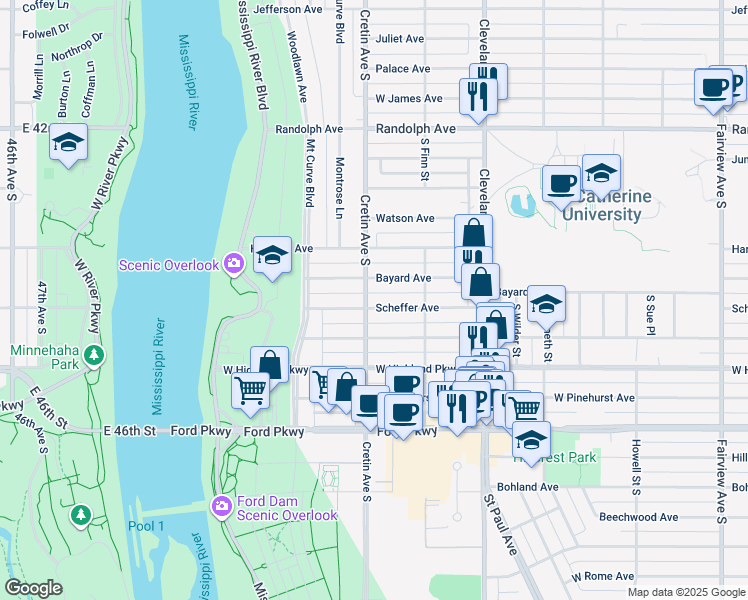 map of restaurants, bars, coffee shops, grocery stores, and more near 2173 Scheffer Avenue in Saint Paul