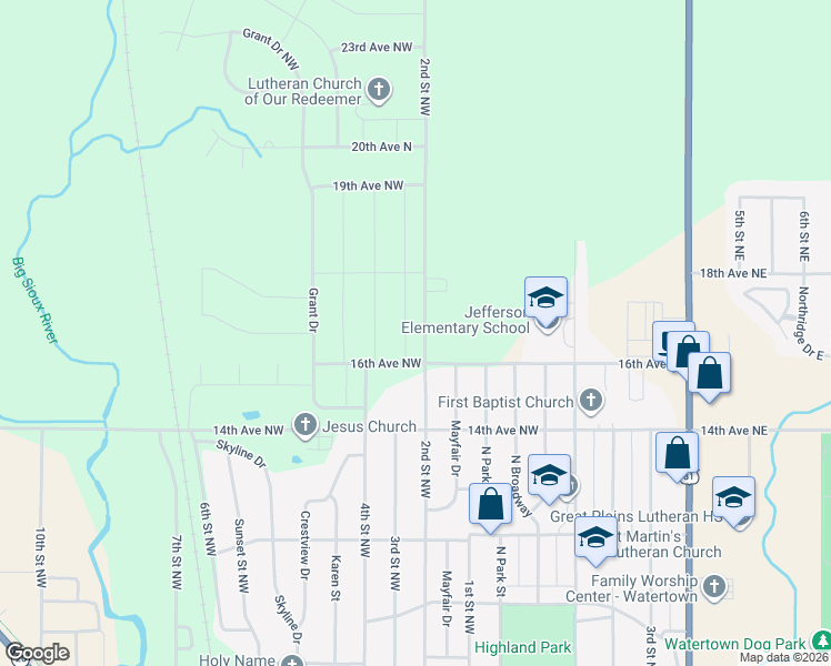 map of restaurants, bars, coffee shops, grocery stores, and more near 1526 2nd Street West in Watertown