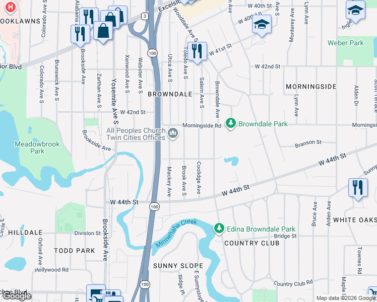 map of restaurants, bars, coffee shops, grocery stores, and more near 4332 Coolidge Avenue in Minneapolis