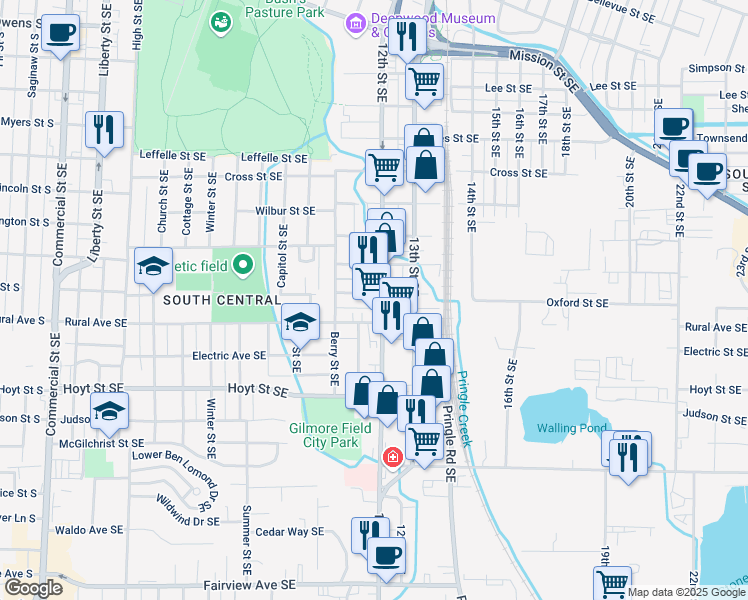 map of restaurants, bars, coffee shops, grocery stores, and more near 1176 Oxford Street Southeast in Salem