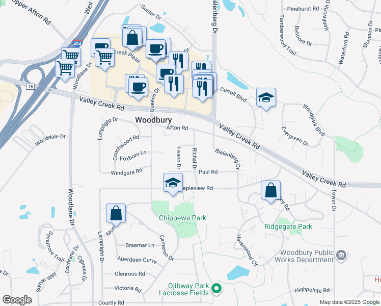 map of restaurants, bars, coffee shops, grocery stores, and more near 1848 Richal Drive in Woodbury