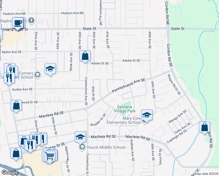 map of restaurants, bars, coffee shops, grocery stores, and more near 571 47th Court Southeast in Salem