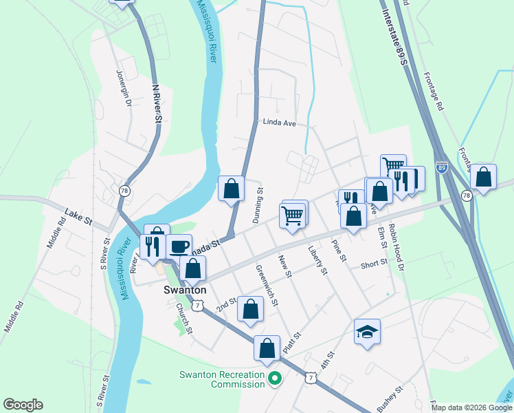 map of restaurants, bars, coffee shops, grocery stores, and more near 9 Dunning Street in Swanton