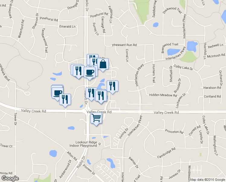 map of restaurants, bars, coffee shops, grocery stores, and more near 1870 Donegal Drive in Woodbury