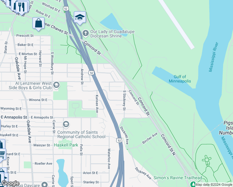 map of restaurants, bars, coffee shops, grocery stores, and more near 504 Belvidere Street East in Saint Paul