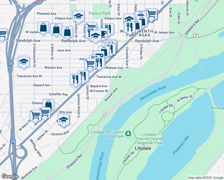 map of restaurants, bars, coffee shops, grocery stores, and more near 739 Stewart Avenue in Saint Paul