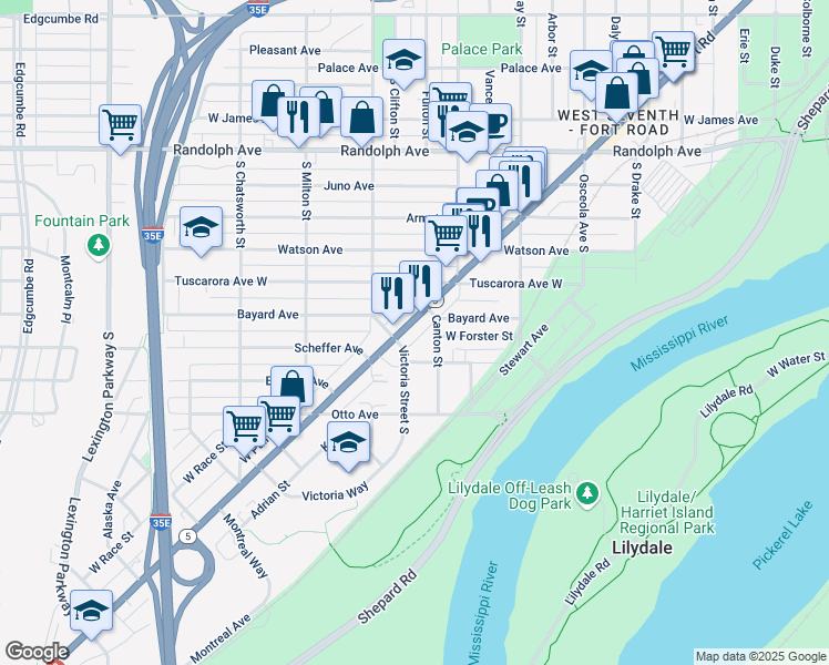 map of restaurants, bars, coffee shops, grocery stores, and more near 1284 7th Street West in Saint Paul