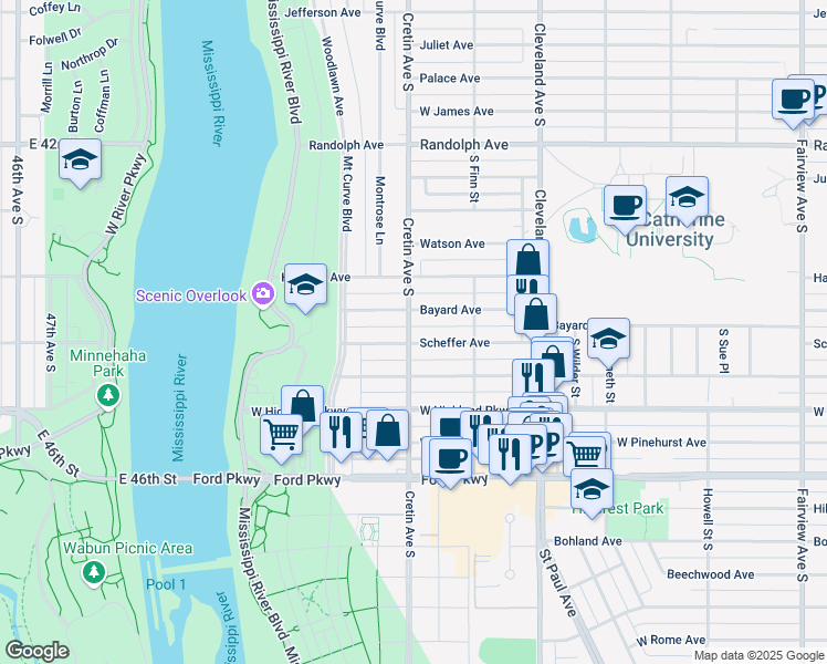 map of restaurants, bars, coffee shops, grocery stores, and more near 2173 Scheffer Avenue in Saint Paul