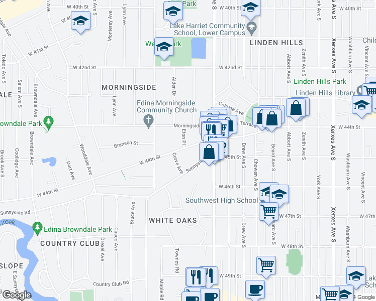 map of restaurants, bars, coffee shops, grocery stores, and more near 3947 West 44th Street in Edina