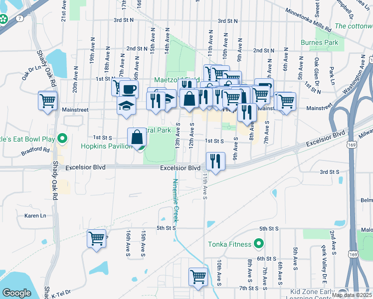 map of restaurants, bars, coffee shops, grocery stores, and more near 114 12th Avenue South in Hopkins
