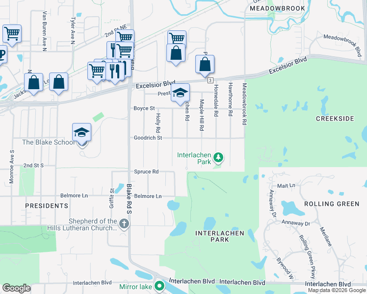 map of restaurants, bars, coffee shops, grocery stores, and more near 216 Interlachen Road in Hopkins