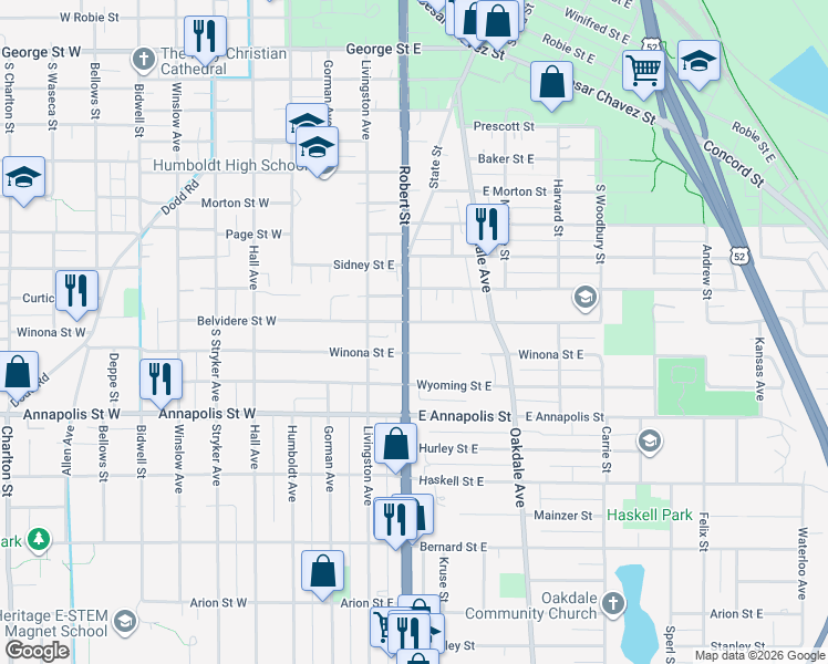 map of restaurants, bars, coffee shops, grocery stores, and more near 100 Belvidere Street East in Saint Paul