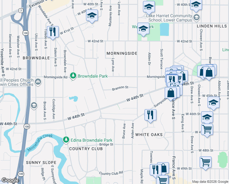 map of restaurants, bars, coffee shops, grocery stores, and more near 4315 Branson Street in Minneapolis