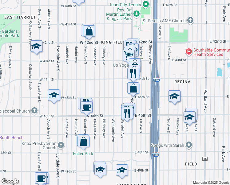 map of restaurants, bars, coffee shops, grocery stores, and more near 4445 Wentworth Avenue in Minneapolis