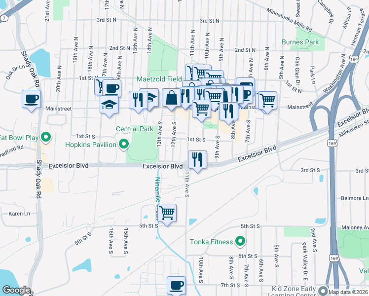 map of restaurants, bars, coffee shops, grocery stores, and more near 110 11th Avenue South in Hopkins