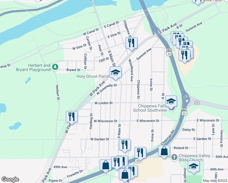 map of restaurants, bars, coffee shops, grocery stores, and more near 522 South Main Street in Chippewa Falls