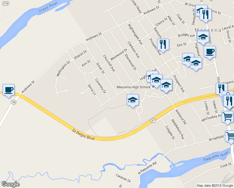 map of restaurants, bars, coffee shops, grocery stores, and more near 92 Dover Street in Massena