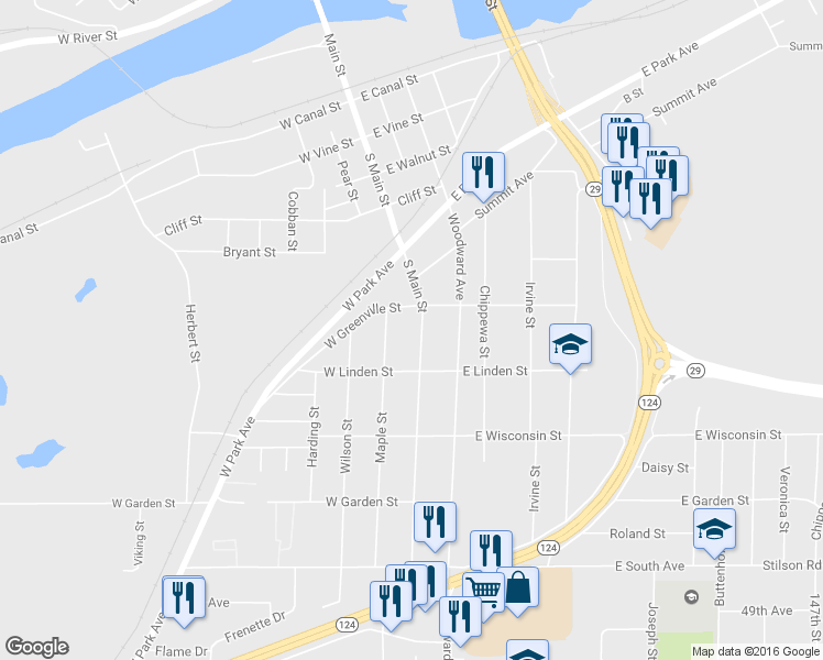 map of restaurants, bars, coffee shops, grocery stores, and more near 522 South Main Street in Chippewa Falls