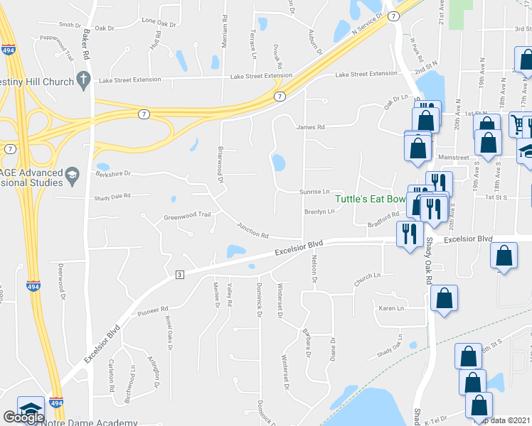 map of restaurants, bars, coffee shops, grocery stores, and more near 12616 James Road in Hopkins