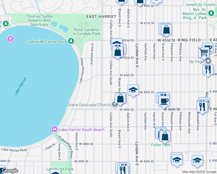 map of restaurants, bars, coffee shops, grocery stores, and more near 4440 Colfax Avenue South in Minneapolis