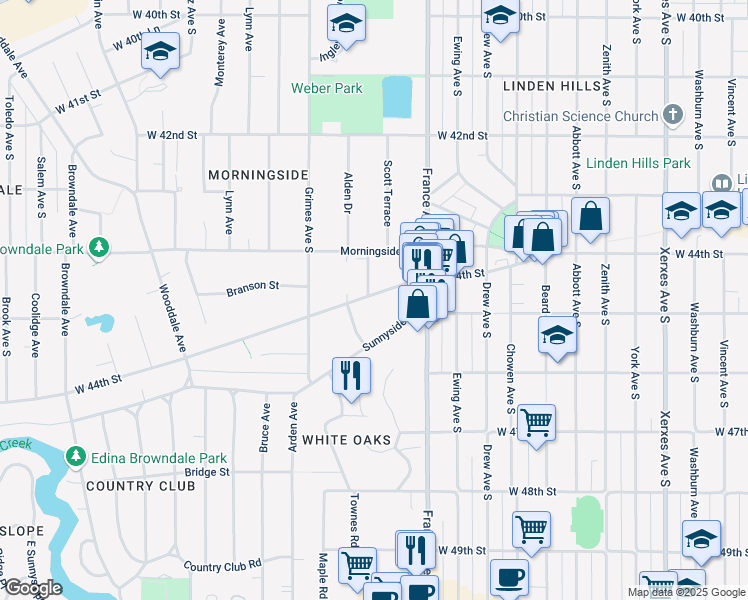 map of restaurants, bars, coffee shops, grocery stores, and more near 3947 West 44th Street in Edina