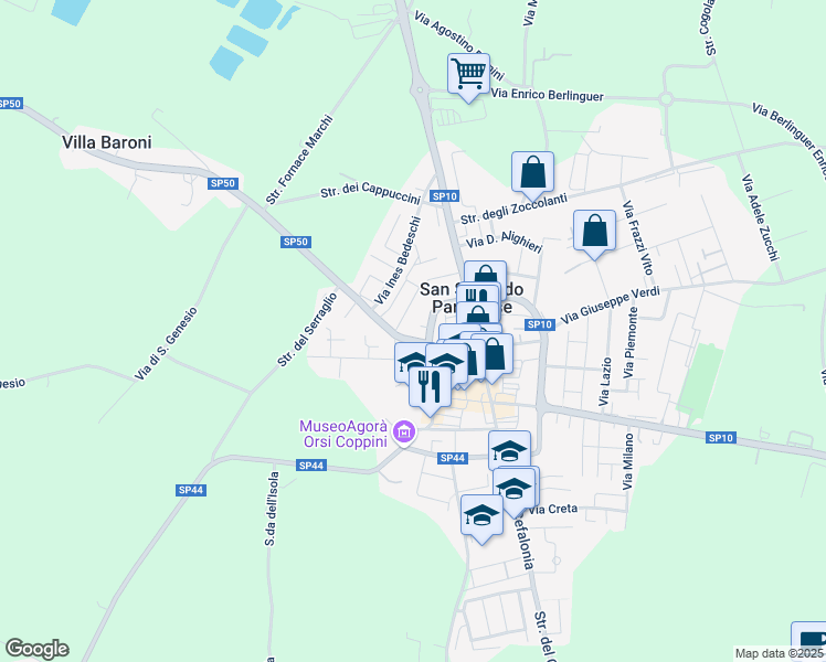 map of restaurants, bars, coffee shops, grocery stores, and more near 3 Viale Pier Maria Rossi in San Secondo Parmense
