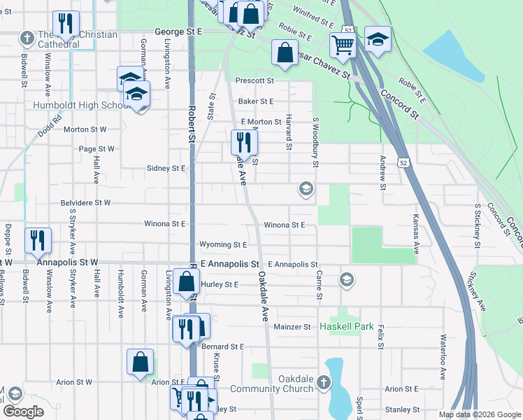 map of restaurants, bars, coffee shops, grocery stores, and more near 216 Belvidere Street East in Saint Paul