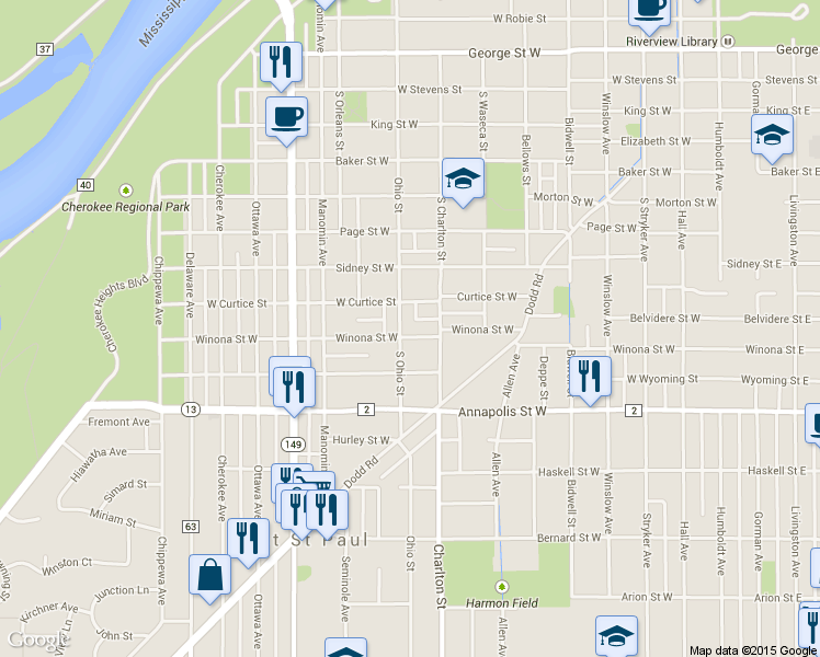 map of restaurants, bars, coffee shops, grocery stores, and more near 808 Ohio Street in Saint Paul