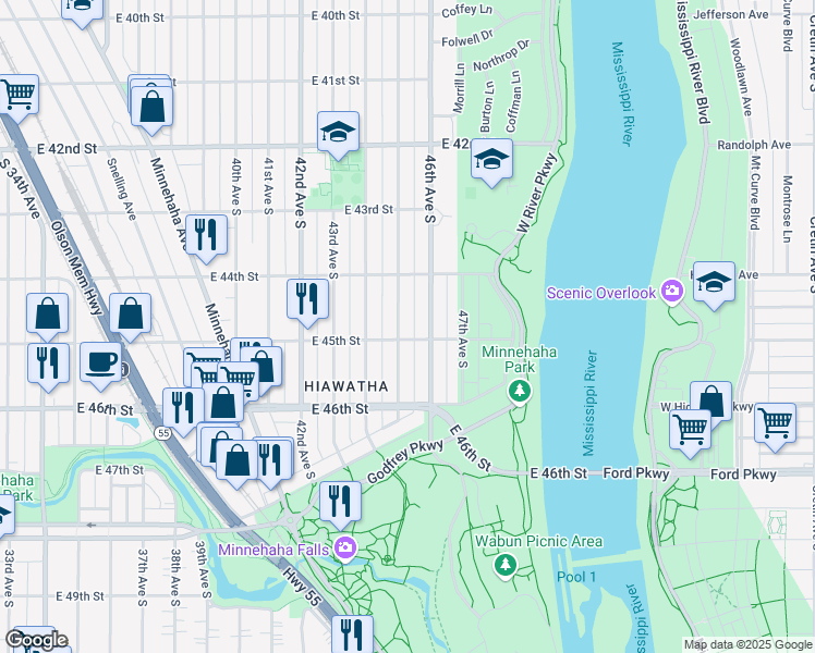 map of restaurants, bars, coffee shops, grocery stores, and more near 4449 45th Avenue South in Minneapolis