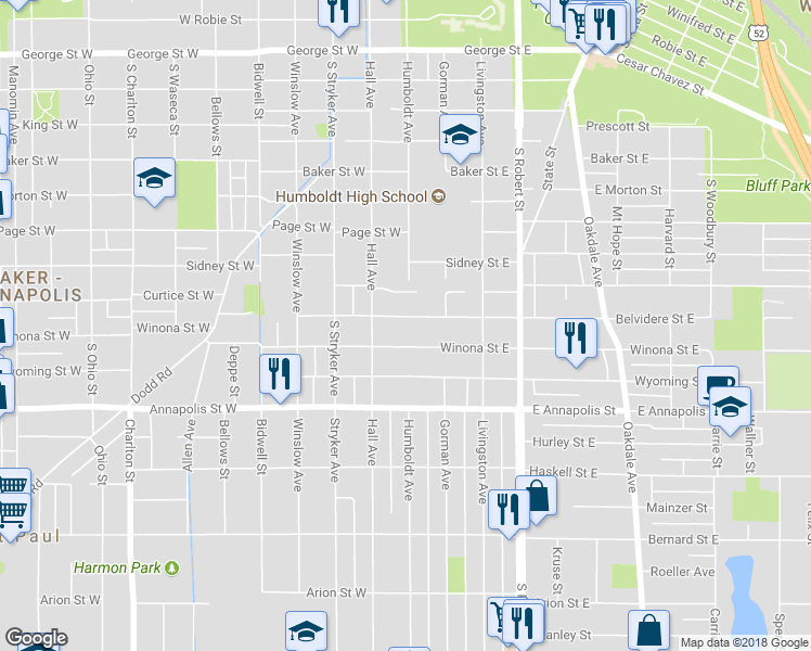 map of restaurants, bars, coffee shops, grocery stores, and more near 10 Belvidere Street West in Saint Paul