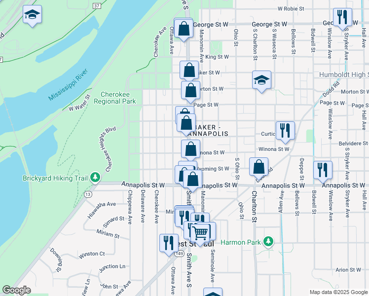 map of restaurants, bars, coffee shops, grocery stores, and more near 799 Smith Avenue South in Saint Paul