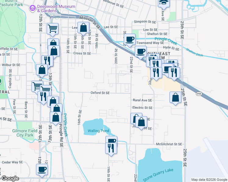 map of restaurants, bars, coffee shops, grocery stores, and more near 1945 Oxford Street Southeast in Salem