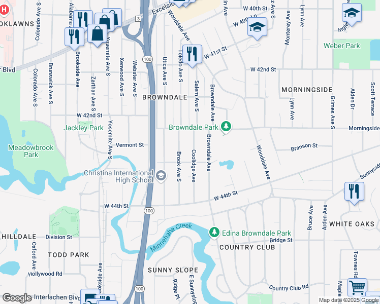 map of restaurants, bars, coffee shops, grocery stores, and more near 4332 Coolidge Avenue in Minneapolis