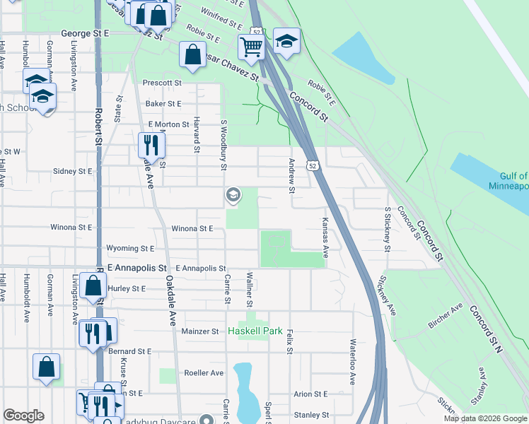 map of restaurants, bars, coffee shops, grocery stores, and more near 350 Belvidere Street East in Saint Paul