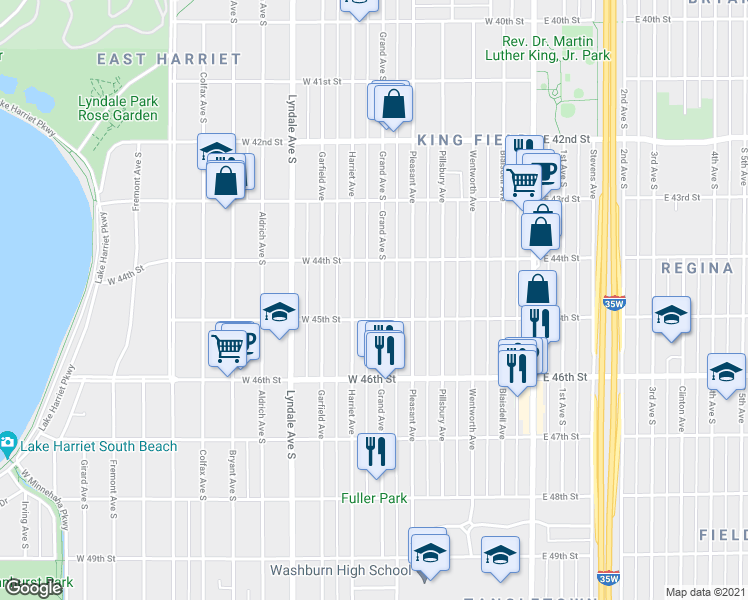 map of restaurants, bars, coffee shops, grocery stores, and more near 4432 Grand Avenue South in Minneapolis