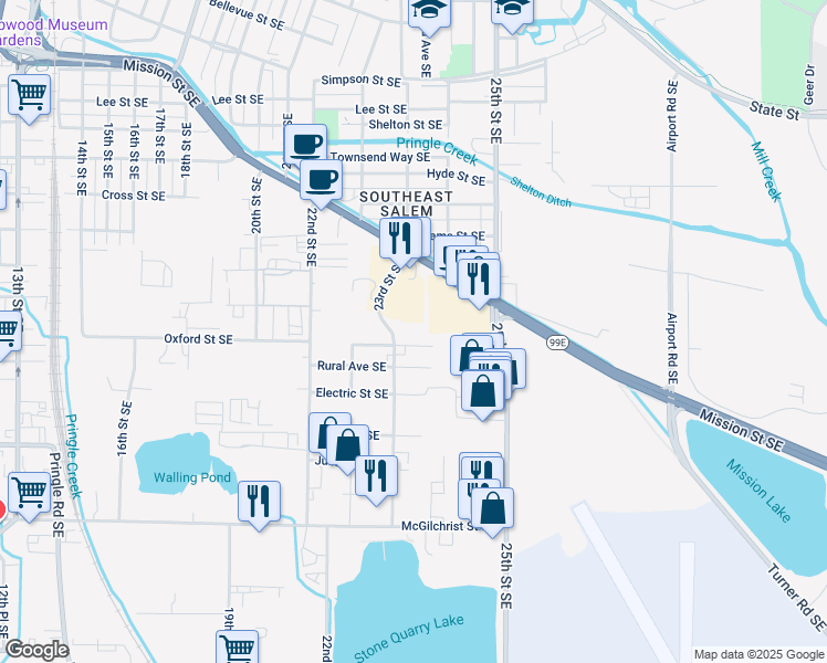 map of restaurants, bars, coffee shops, grocery stores, and more near 2360 Oxford Street Southeast in Salem