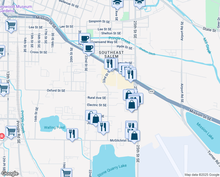 map of restaurants, bars, coffee shops, grocery stores, and more near 1510 23rd Street Southeast in Salem