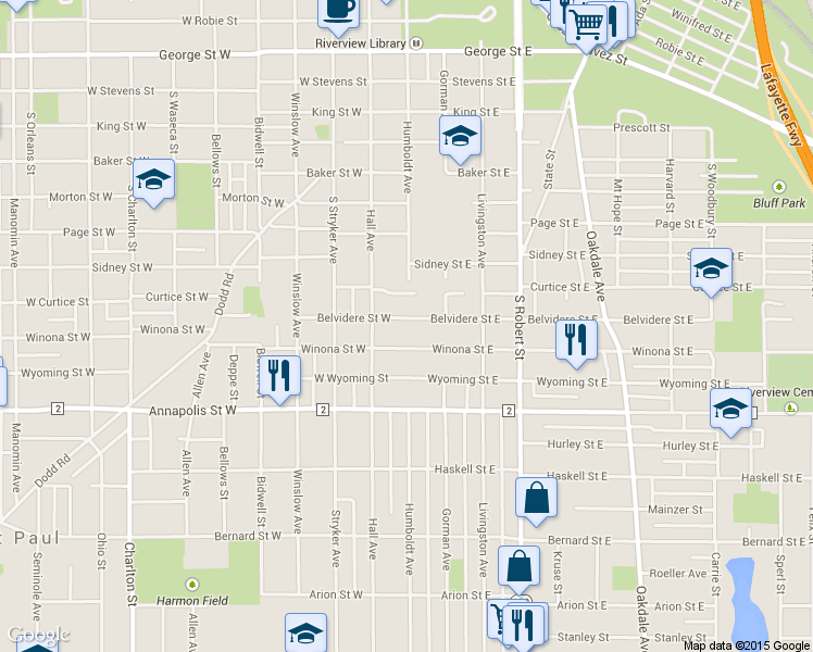 map of restaurants, bars, coffee shops, grocery stores, and more near 10 Belvidere Street West in Saint Paul