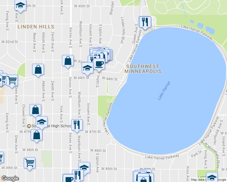map of restaurants, bars, coffee shops, grocery stores, and more near 4437 Thomas Avenue South in Minneapolis