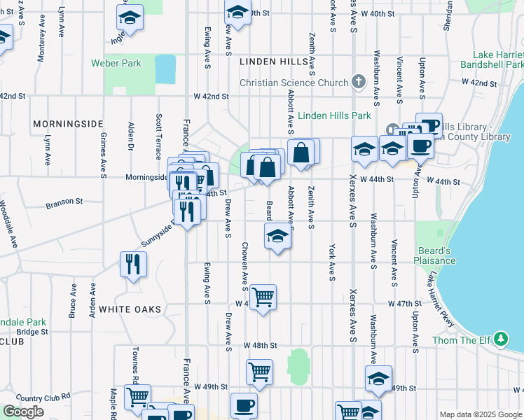map of restaurants, bars, coffee shops, grocery stores, and more near 4441 Beard Avenue South in Minneapolis