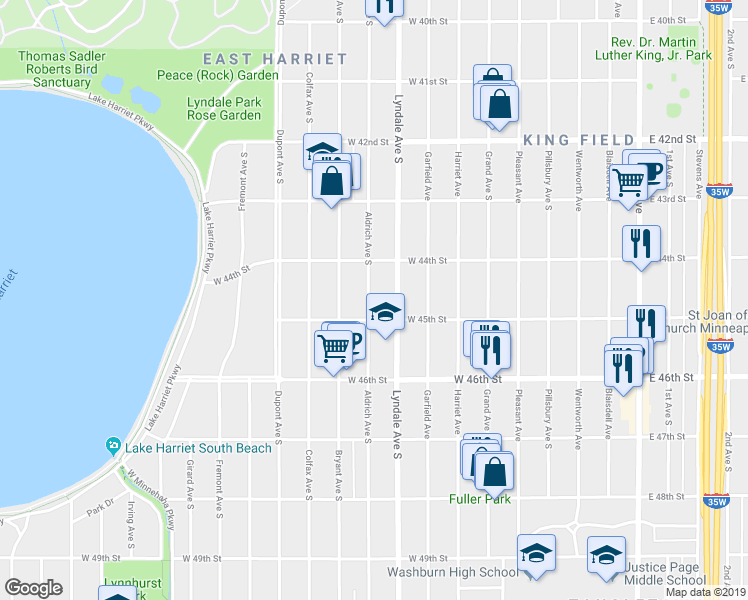 map of restaurants, bars, coffee shops, grocery stores, and more near 4437 Aldrich Avenue South in Minneapolis