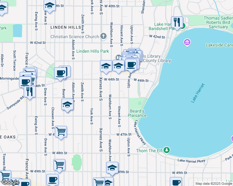 map of restaurants, bars, coffee shops, grocery stores, and more near 4440 Vincent Avenue South in Minneapolis