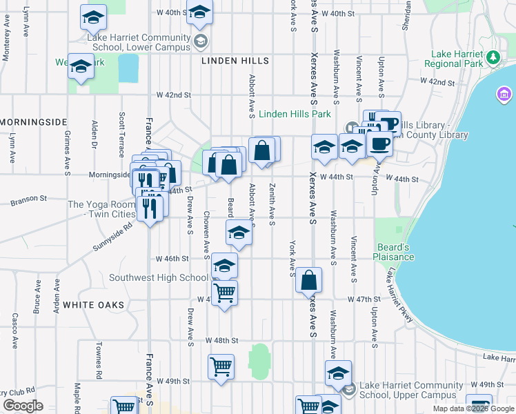 map of restaurants, bars, coffee shops, grocery stores, and more near 4441 Abbott Avenue South in Minneapolis
