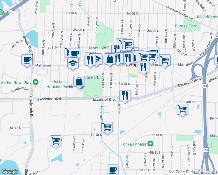 map of restaurants, bars, coffee shops, grocery stores, and more near 114 12th Avenue South in Hopkins