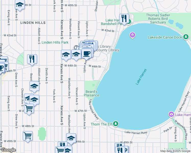 map of restaurants, bars, coffee shops, grocery stores, and more near 4437 Thomas Avenue South in Minneapolis