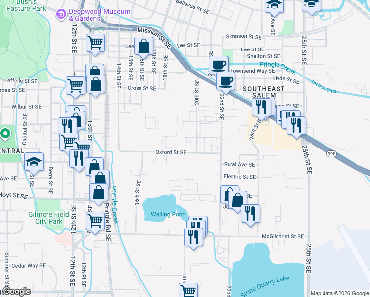 map of restaurants, bars, coffee shops, grocery stores, and more near 1945 Oxford Street Southeast in Salem