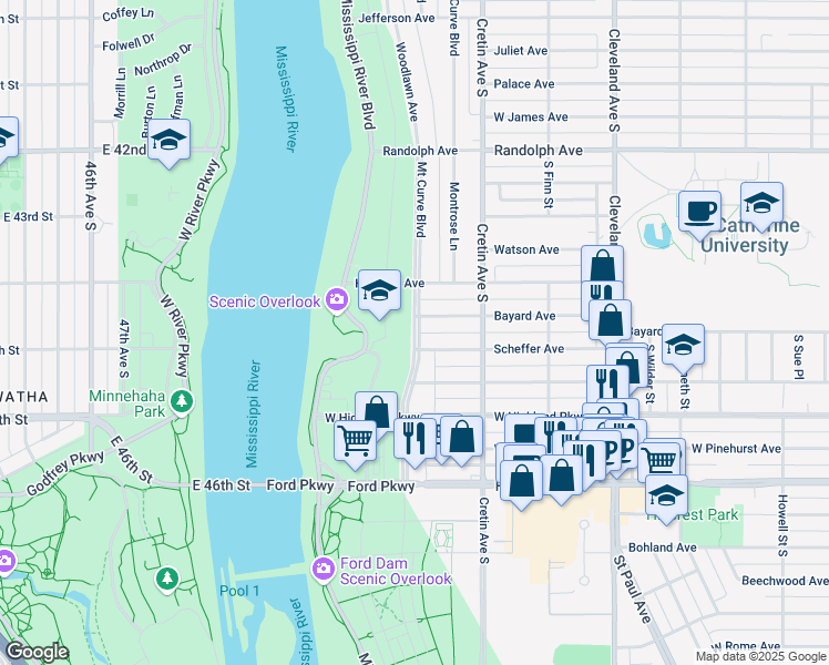 map of restaurants, bars, coffee shops, grocery stores, and more near South Mount Curve Boulevard in Saint Paul