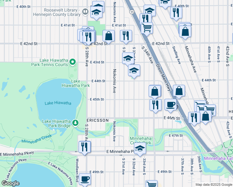 map of restaurants, bars, coffee shops, grocery stores, and more near 4441 Nokomis Avenue in Minneapolis