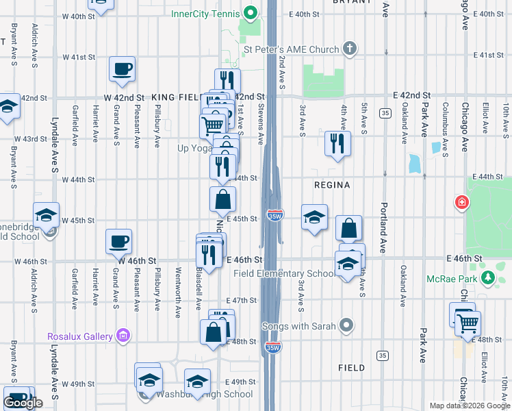 map of restaurants, bars, coffee shops, grocery stores, and more near 4436 Stevens Avenue in Minneapolis