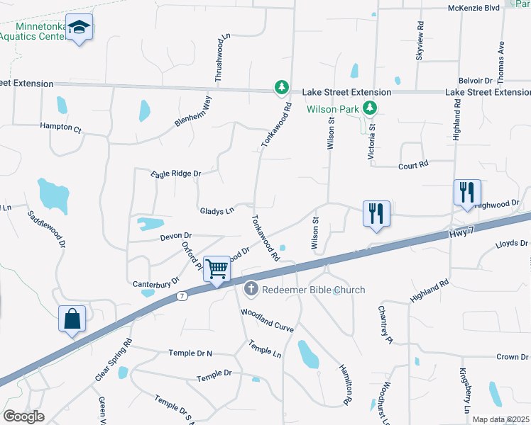 map of restaurants, bars, coffee shops, grocery stores, and more near 16101 Tonkawood Court in Minnetonka